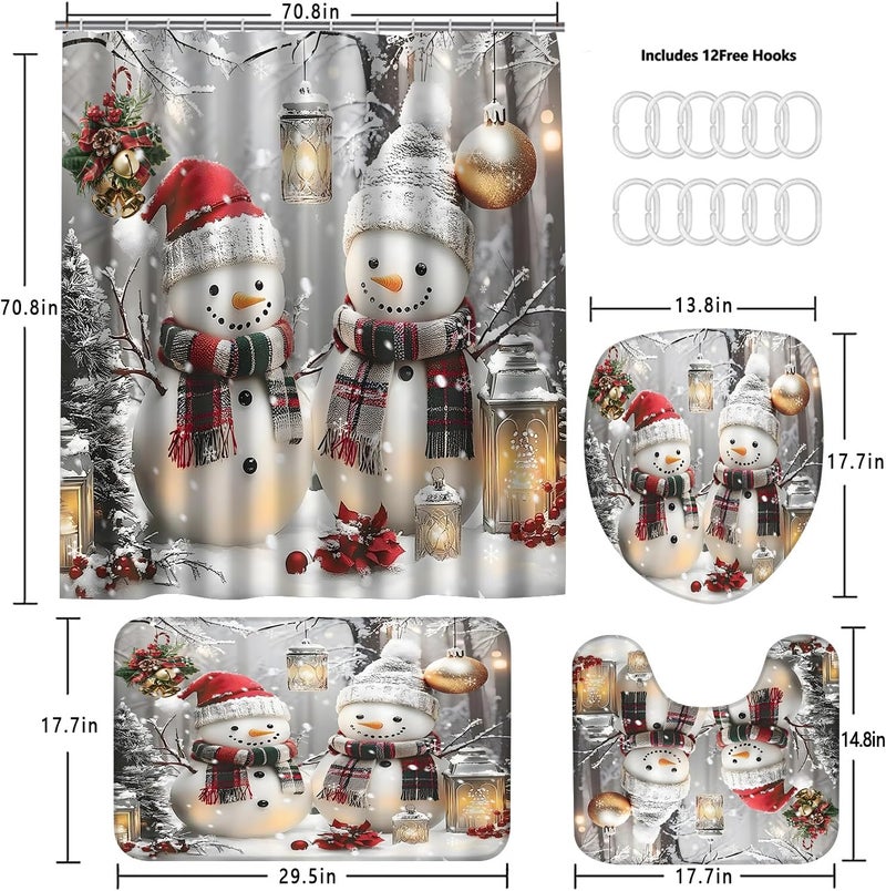 Chrainy Christmas Snowmen Shower Curtain Sets 4Pcs White Winter Snowflake Bathroom Set Holiday Decor with Non-Slip Rugs Bath U-Shaped Mat Toilet Lid Cover with 12 Hooks - Image 5